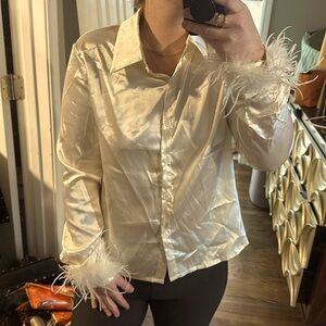 Cream White Feather Cuffs Button Down